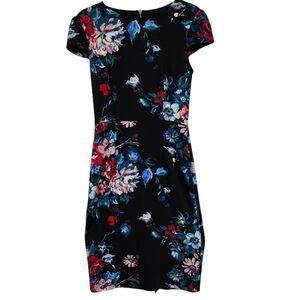 Betsey Johnson Black Floral Cap-Sleeve Mini Dress with Blue & Red Blooms Size 6